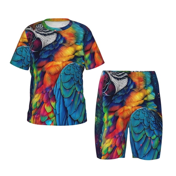 Balery Vibrant Rainbow Parrot Fantasy Conjunto de Pijama Infantil de Manga Corta con Estampado – Ropa de Dormir de Algodón Suave-Medium