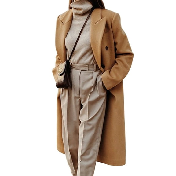 Womens Long Wool Coats Fall Winter Double Breasted Trench Coat Peacoat Khaki S