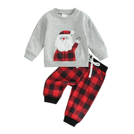 

Baby 2Pcs Christmas Outfits Santa Pattern Sweatshirt and Plaid Pants