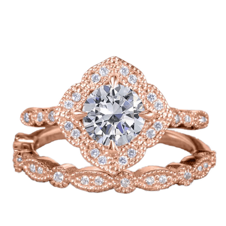 Vintage 1.5 Carat Round Cut Moissanite Wedding Bridal Ring Set in 18k Rose Gold Over Silver for Women