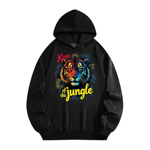 Men's Tiger Graphic Print Hoodie Sweatshirt Classic Cotton Pullover Black Long Sleeve Jacket Unisex