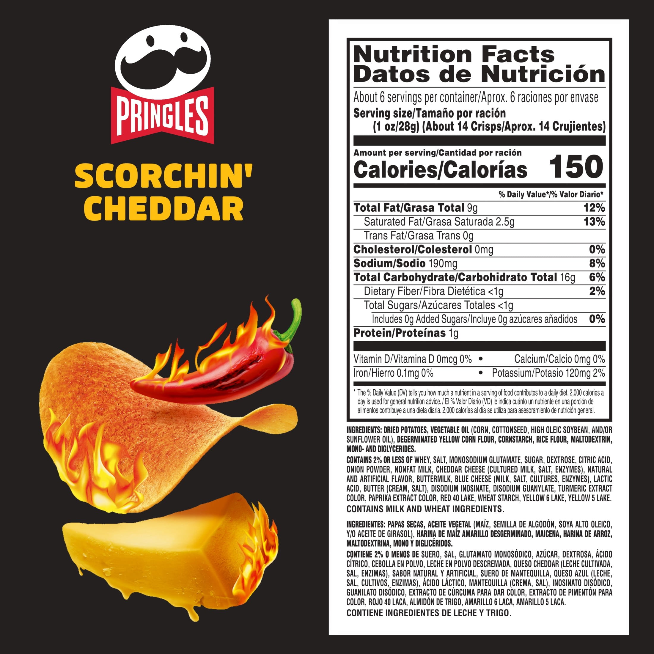 Pringles Scorchin' Cheddar Potato Crisps Chips, Spicy Snacks, 5.5 oz