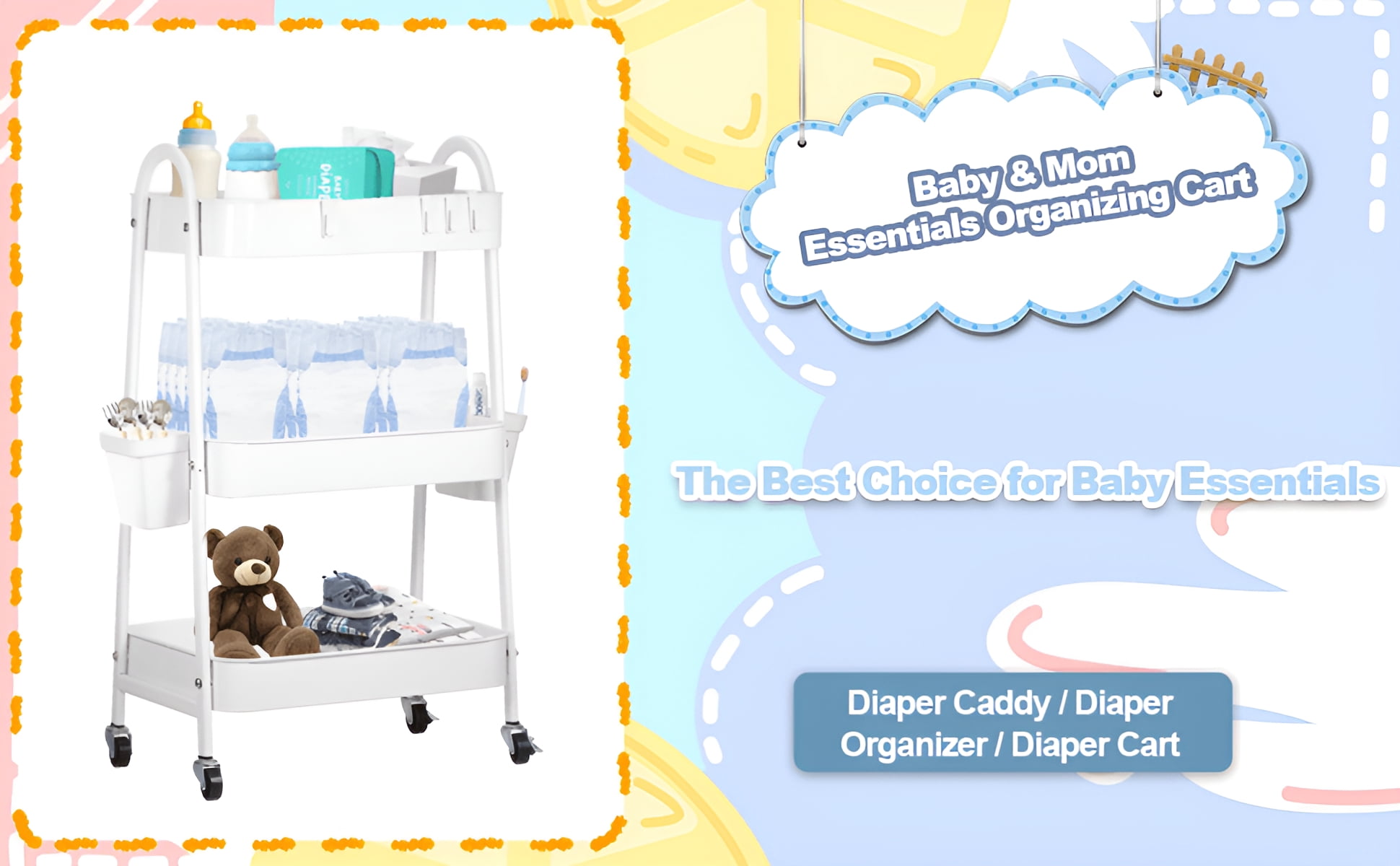 Baby Diaper Caddy Cart Metal Nursery Storage Organizer 3-Tier Rolling Cart Organizer for Diapers and Baby Wipes Newborn Essentials Storage Cart (White)