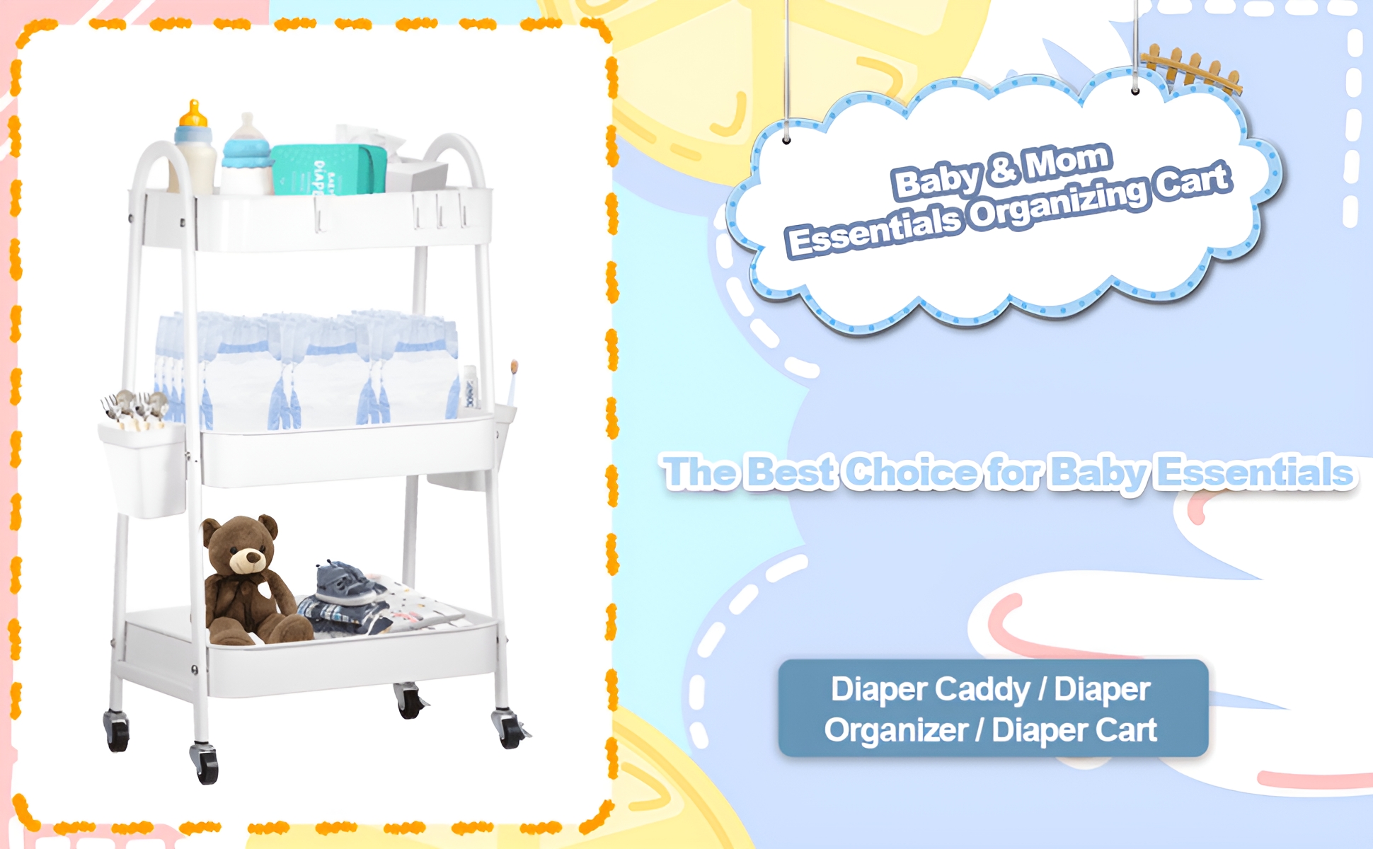 FOOK FISH Baby Diaper Cart 3-Tier Rolling Storage, White photo 6