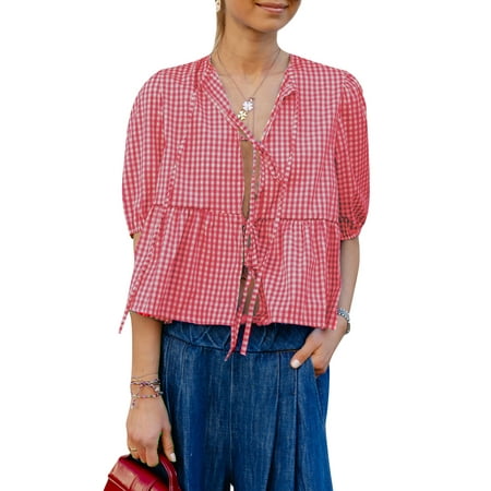Women Plaid Bow Tie Lace Up Front Shirt Top Puff Sleeve Y2K Peplum Ruffle Babydoll Blouse
