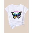 thumbnail image 3 of Colorful Butterfly & Letter Print Women's Casual Tee - Breathable Polyester, Round Neck Short Sleeve T-Shirt with "MY SPIRIT ANIMAL IS THE BUTTERFLY" Motif, Perfect for Spring/Summer/Fall, 3 of 7