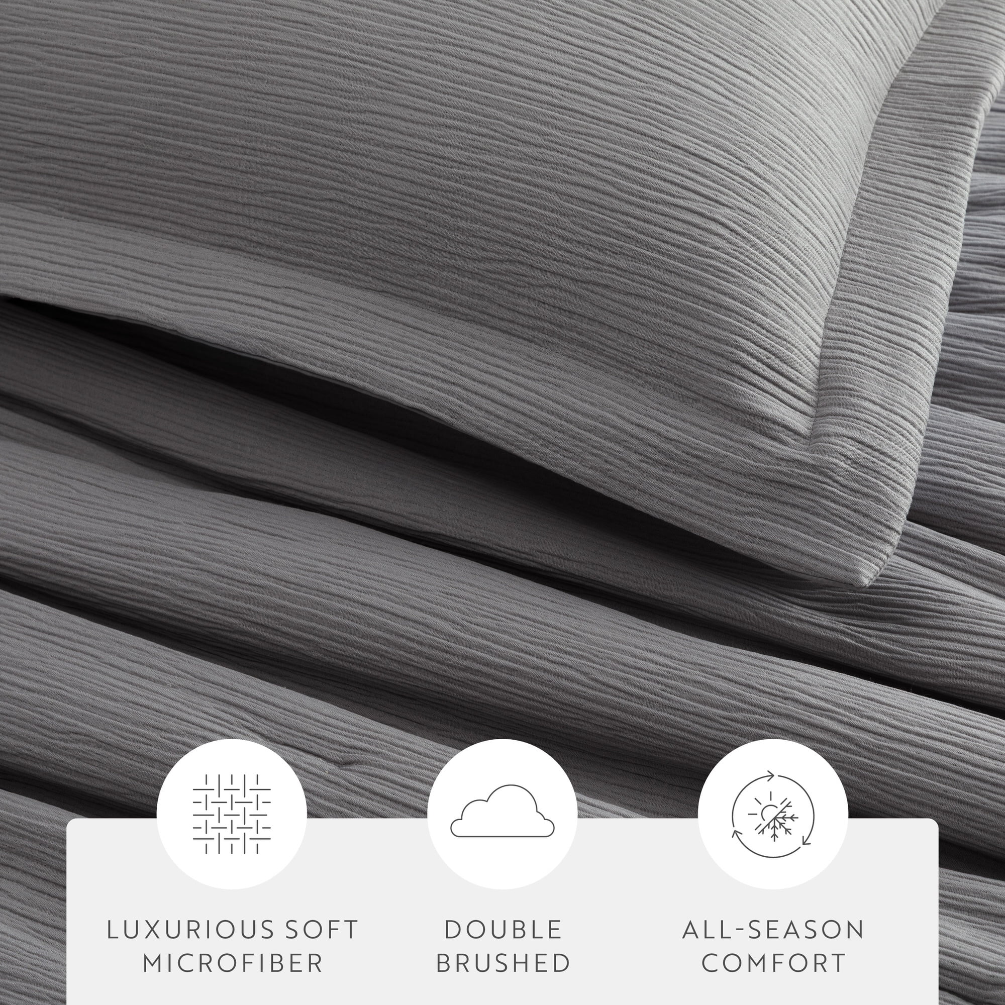 Noble Linens 3 Piece Cloud Gauze Textured All Season Down-Alternative Comforter Set, Fog, Full/Queen