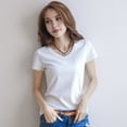thumbnail image 3 of Women Summer T-shirt V-neck Short Sleeve Slim Fit T-shirt Solid Color Pullover Tops Stretchy Bottoming Shirt Streetwear-White 1,S, 3 of 8