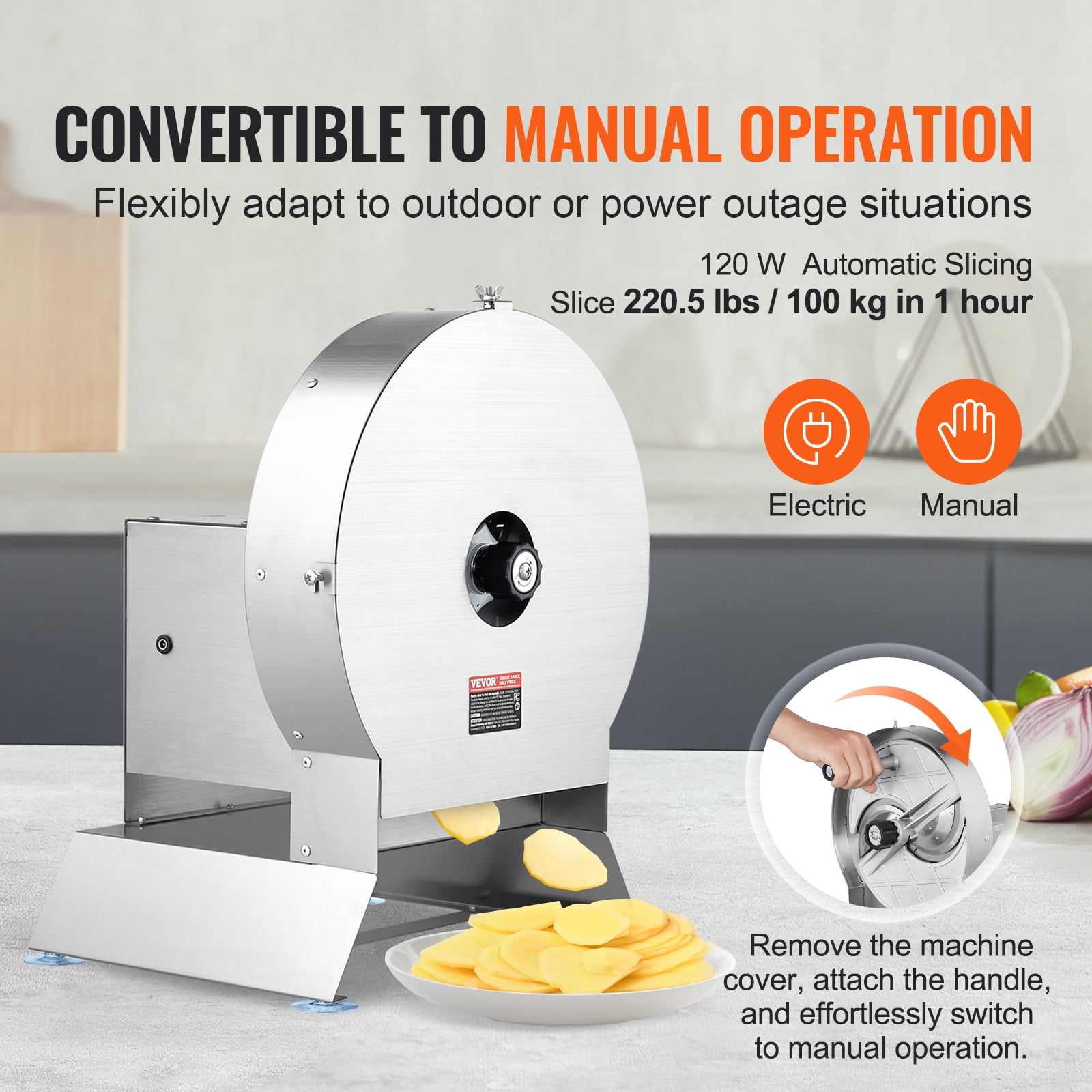 VEVOR Electric Vegetable Slicer, 0-0.5"/0-12mm Thickness Adjustable Commercial Slicer Machine, Convertible to Manual, Stainless Steel Food Cutter Slicing Machine, Large Feed Port for Potato