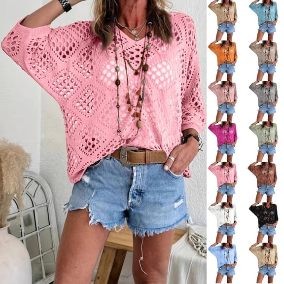 Crochet Coverups for Women 2026 Summer Hollow Out Knit Tops Long Sleeve Boho Beachy Blouses Plus Size Casual Vacation Wear Pink S
