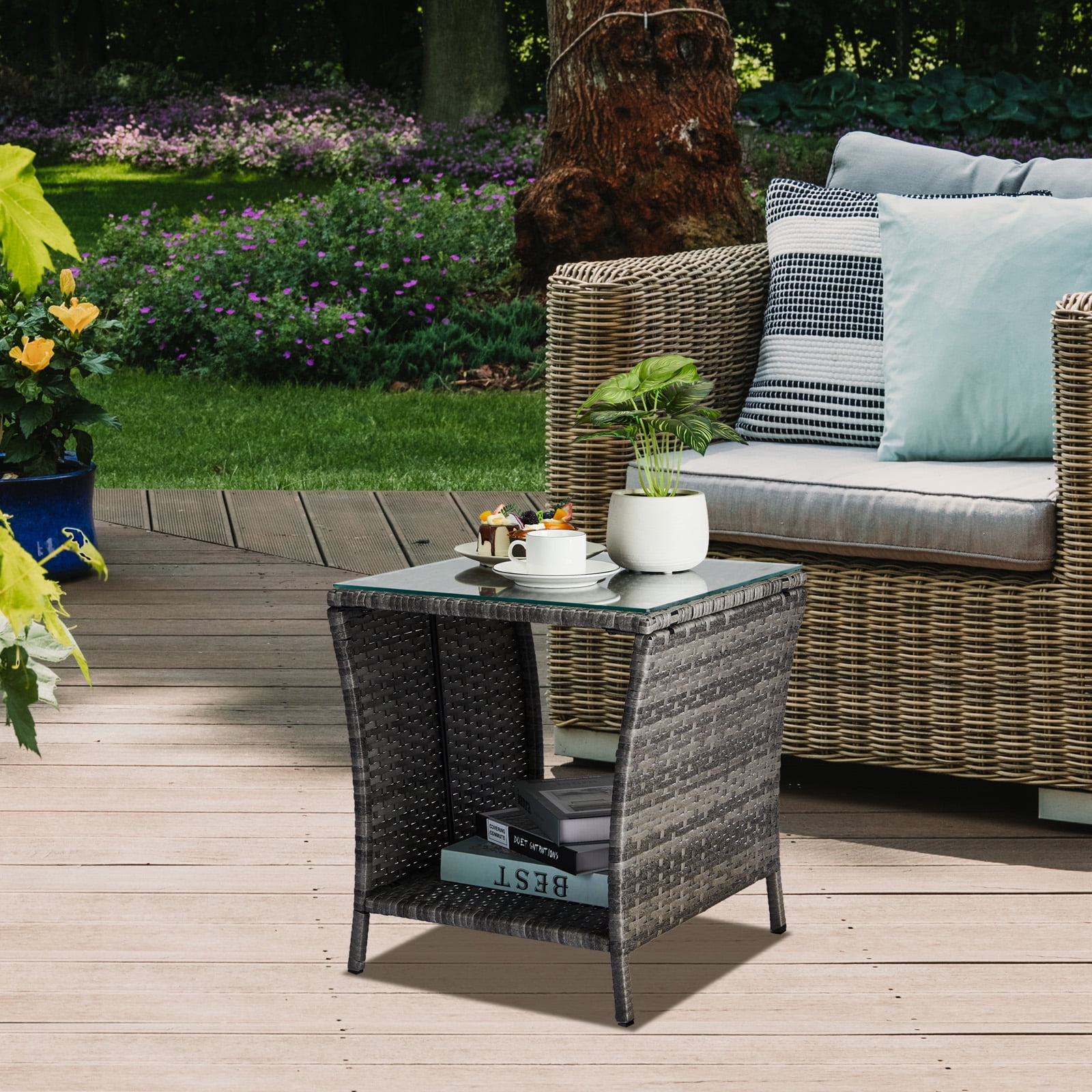 Gray Outdoor PE Rattan Tempered Glass Side Table Sturdy Iron Frame Patio End Table With Storage Shelf Weather Resistant Accent Table For Garden Backyard Balcony Porch Indoor Outdoor Furniture