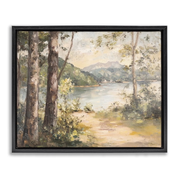 Stupell Industries Peaceful Lakeside Landscape Landscape & Nature Painting Black Floater Framed Canvas Art Print Wall Art, 21 x 17