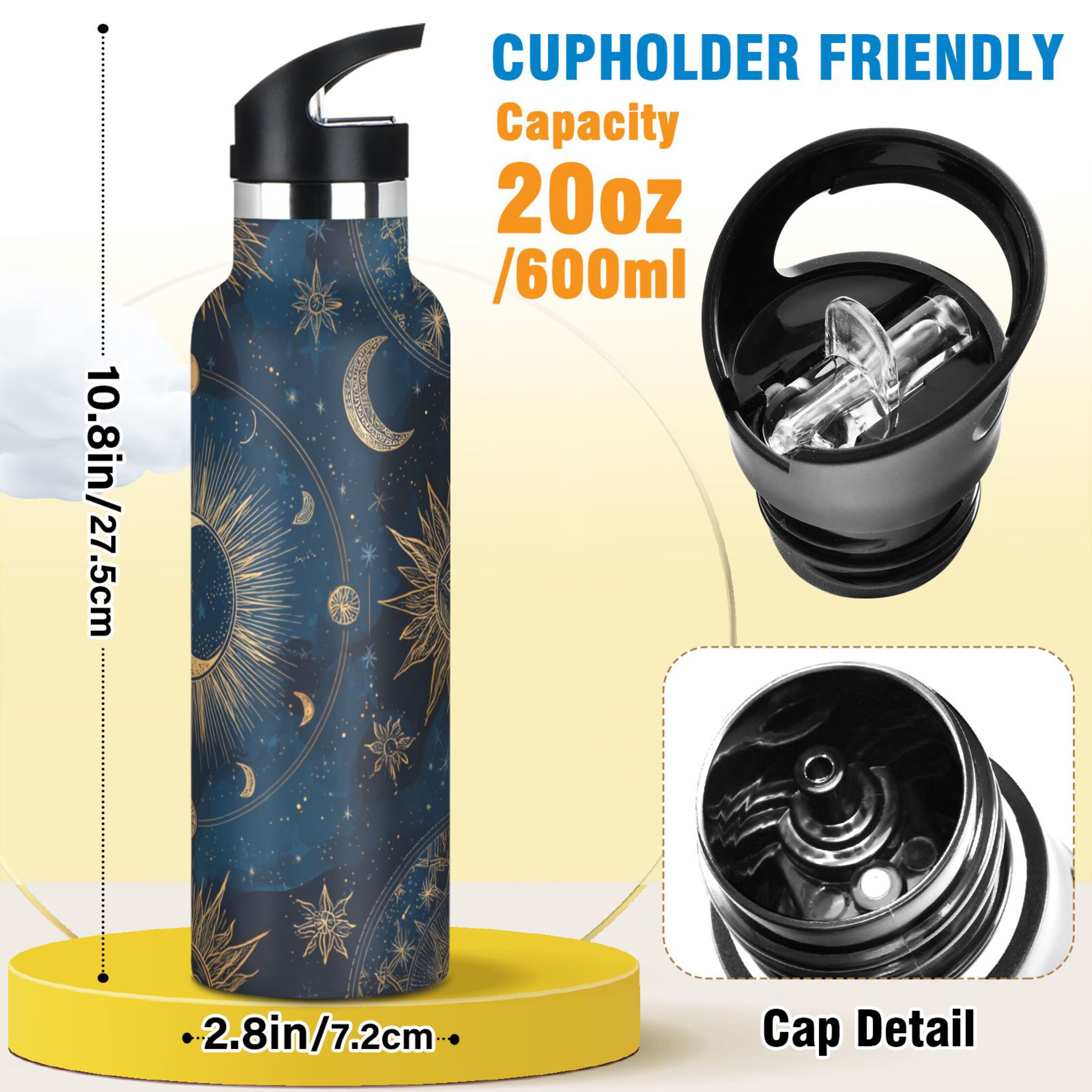600ML Stainless Steel Insulated Cup Sports Water Bottle Portable Thermos Cup Water Glasses Insulated Tumblers Convenient and Durable Moon Pattern