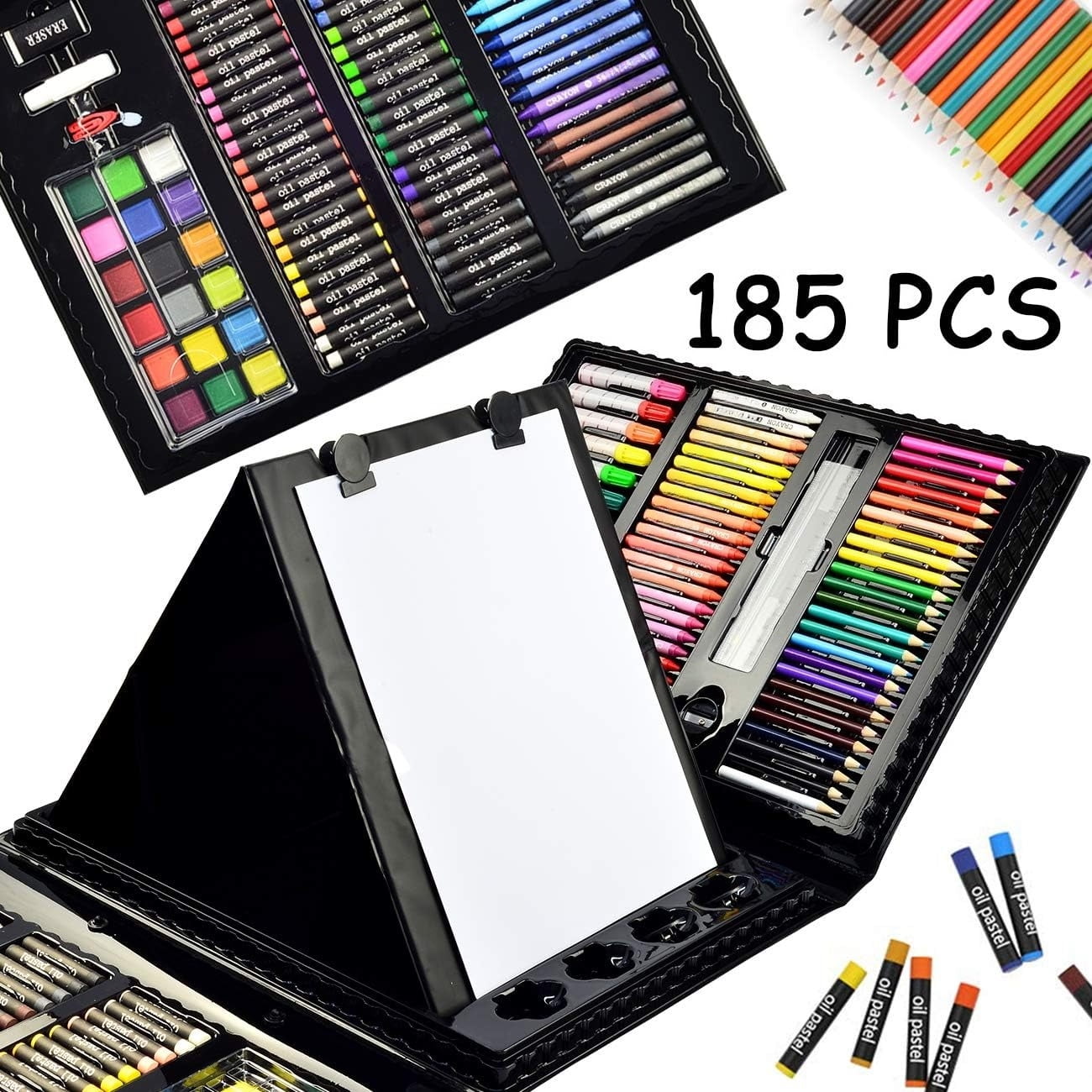 185-Piece Double Sided Easel Art Set - Complete Drawing Kit with Oil Pastels, Crayons, Colored Pencils, Markers & Sketch Pad