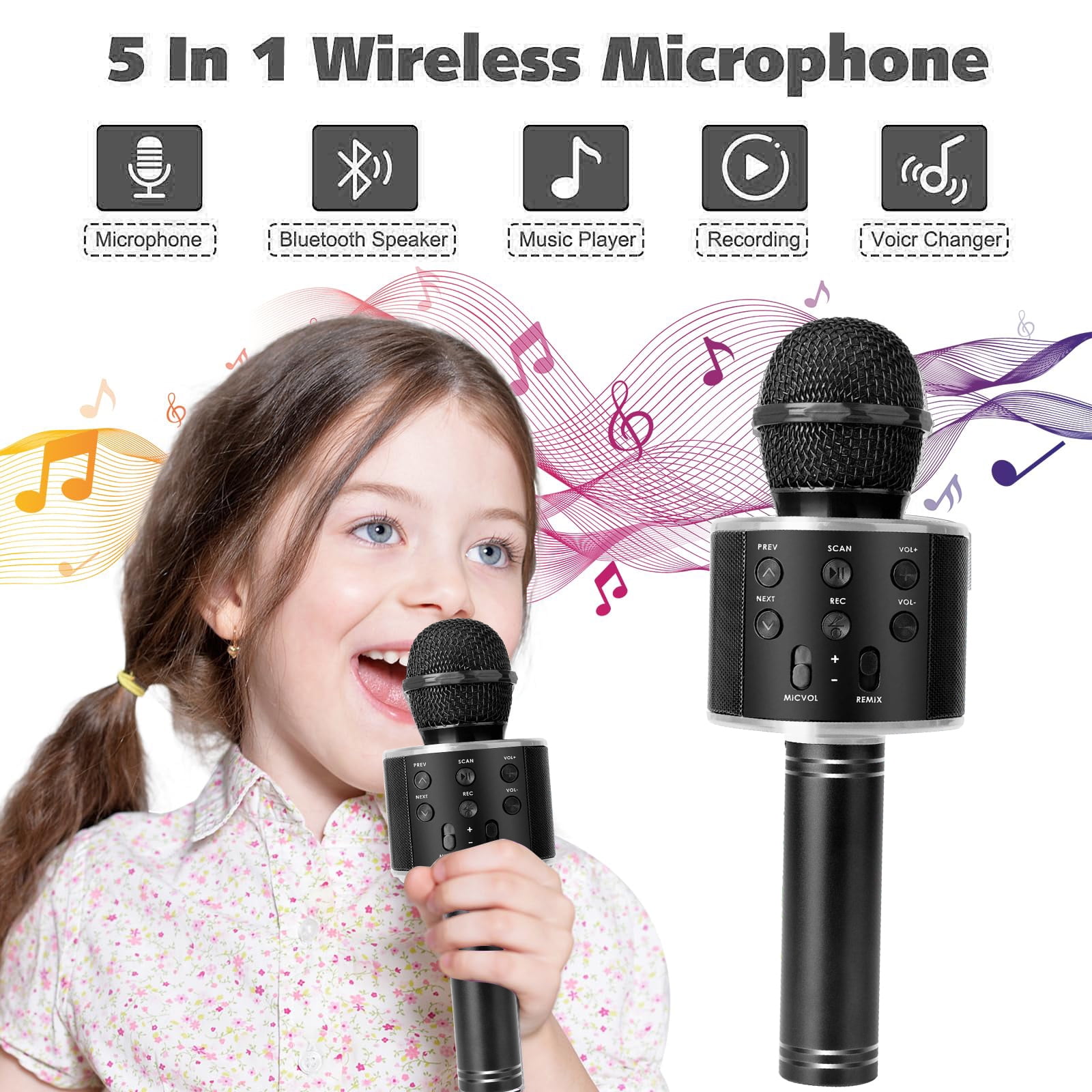 DAKIMOE Wireless Bluetooth Karaoke Microphone, Portable Handheld Singing Microphone for Kids Adults with Stereo Speaker and Voice Changer for All Smartphones, Gifts for Girls Kids Adults, Black