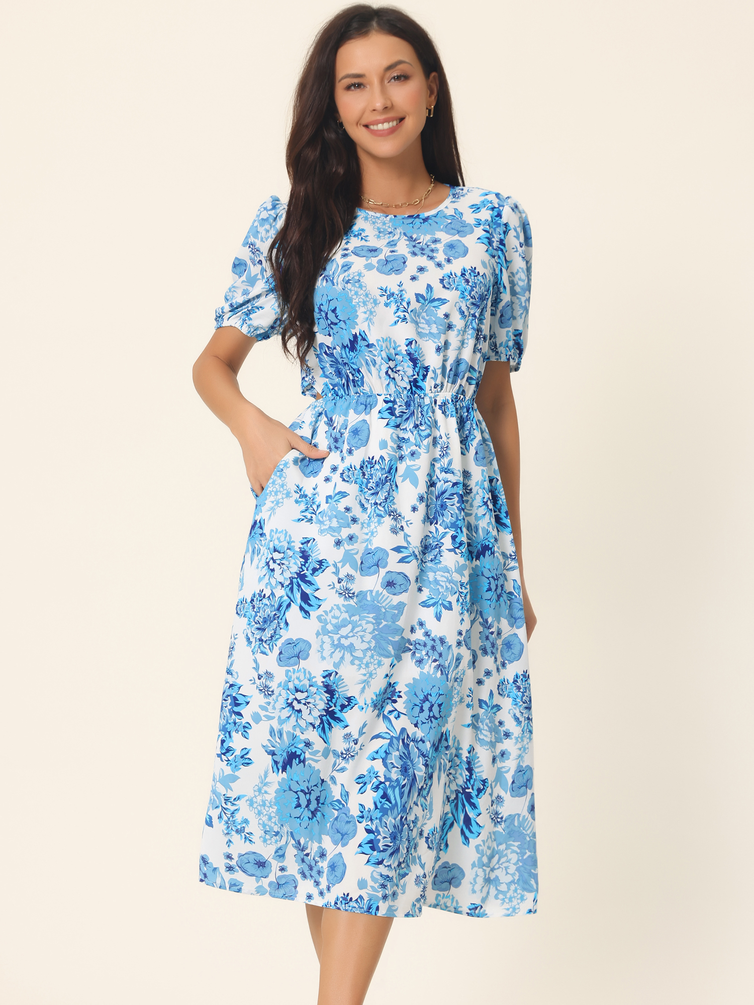 Unique Bargains Women's Puff Sleeve Waist Cutout Midi Floral Dress with Pockets S Blue