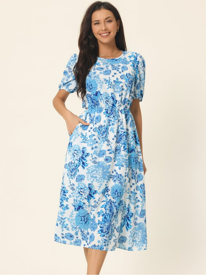 knee length dresses for ladies Macy Puff Sleeve Floral Midi Dress in Blush – Ari + Ava
