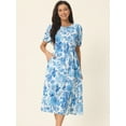 thumbnail image 2 of Unique Bargains Women's Puff Sleeve Waist Cutout Midi Floral Dress with Pockets S Blue, 2 of 6