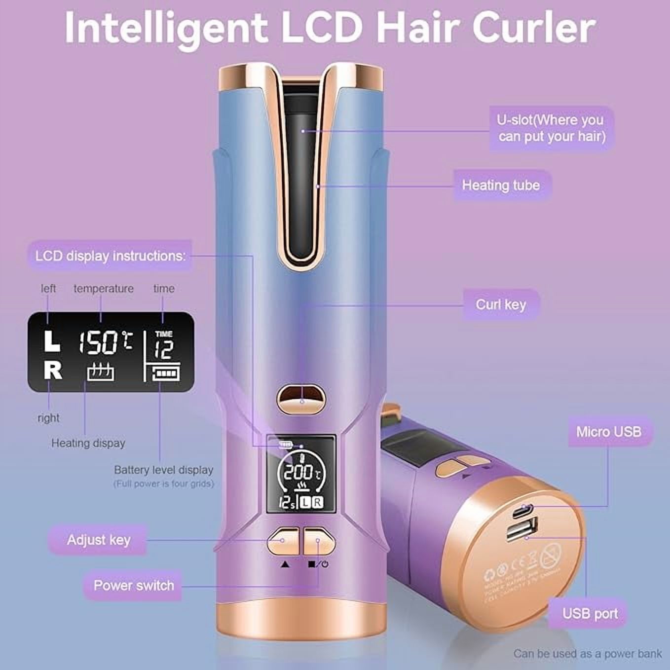RKXQT Automatic Curling Iron,Cordless Auto Hair Curler, Rotating Curling Iron with 5200 mAh Battery, Adjustable Temperatures & Timers Hair Crimper for Women. (Multicolored)