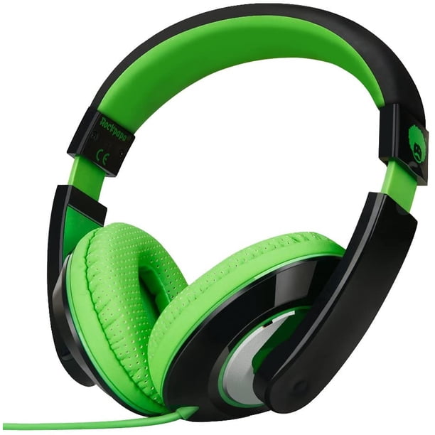 Auriculares estéreo Rockpapa para adultos, niños, ajustables, gran bajo para MP3/4 DVD, smartphone, laptop, tablet en coche/avión, negro/verde