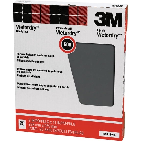 3M Sandpaper Sheets 600 Grit - Silicon Carbide Finish - Set of 25, 9.5" x 12" — Residential Use, Standard Application