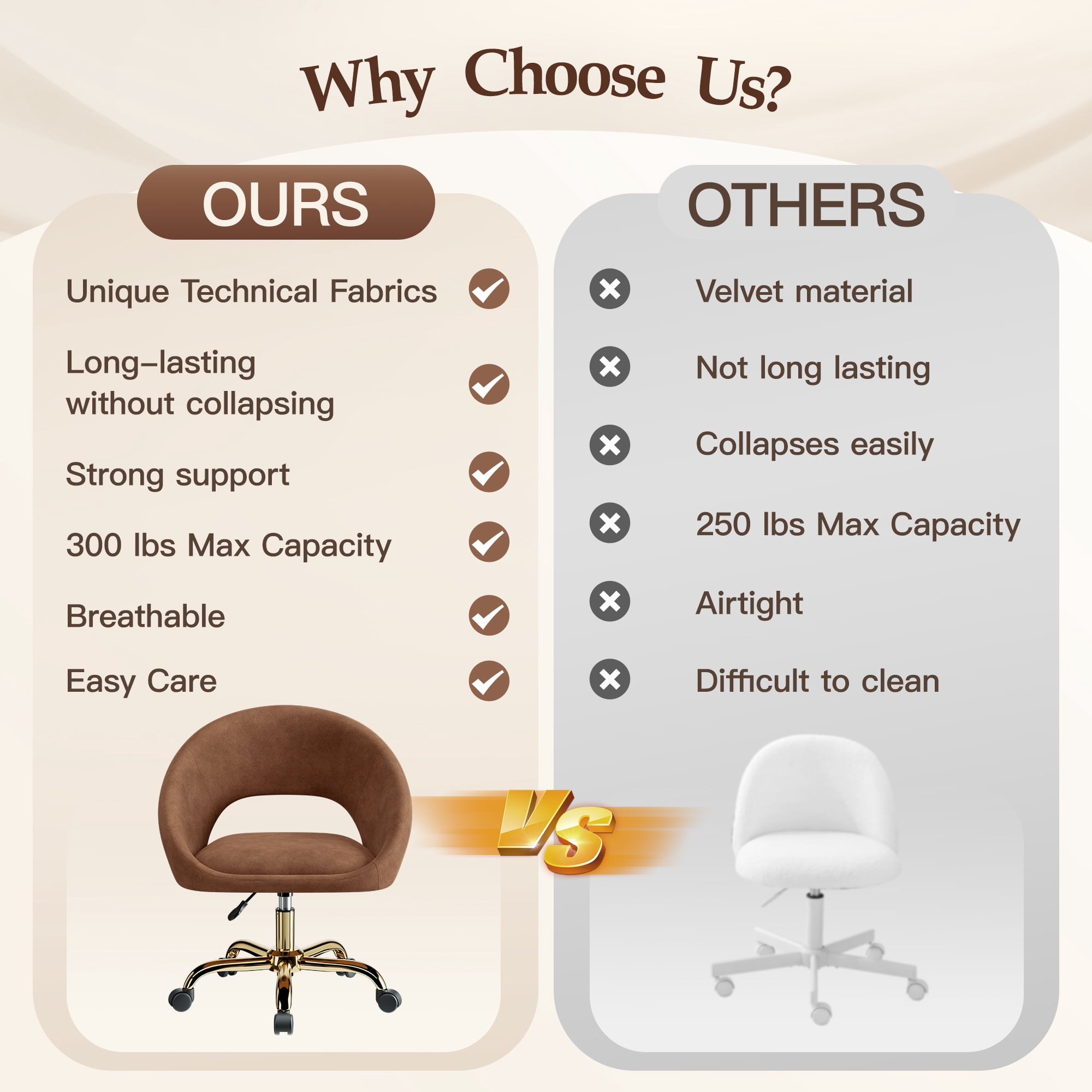 COOLHUT Home Office Desk Chairs, Adjustable Swivel Vanity Chair, Modern Makeup Vanity Chairs, Rolling Vanity Chair with Golden Base for Bedroom, Living Room, Computer Room, Brown