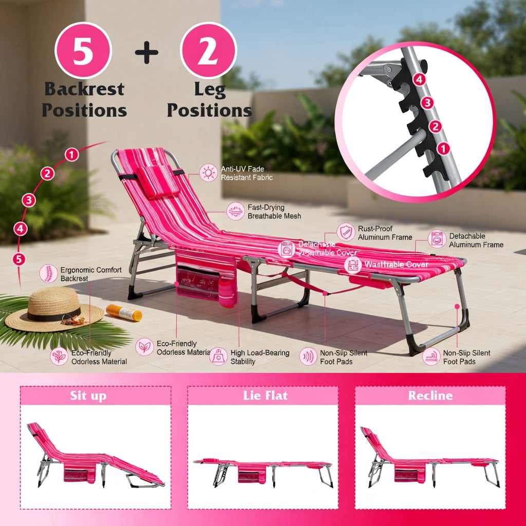 Hommoo 5-Position Adjustable Outdoor Folding Chaise Lounge Chair with Removable Pillow, Rose Pink