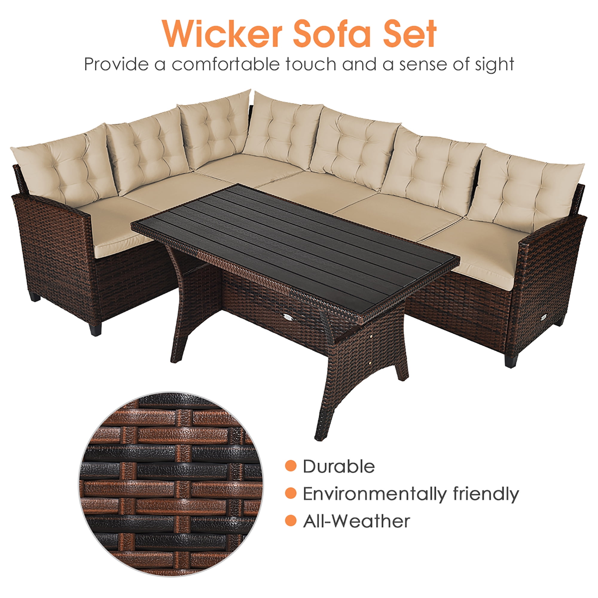 Costway 3PCS Rattan Dining Set Patio Furniture 6 Seats Sofa Cushioned