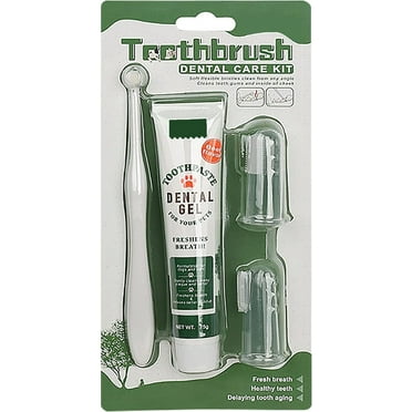 Dog Toothbrush Kit, 4-Piece Set with Beef Flavor Toothpaste Fingerbrush,Cat Teeth Cleaning,Pet Oral Dental Care Fresh Breath Brush,Cute Puppy Whitening Cleansing for Small Large Dogs
