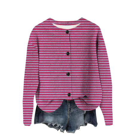Women s Knitted Jackets Crew Neck Button Down Print Sweater Cardigan Casual Loose Outwear Fall Winter Trendy Outfits (S Watermelon Red)