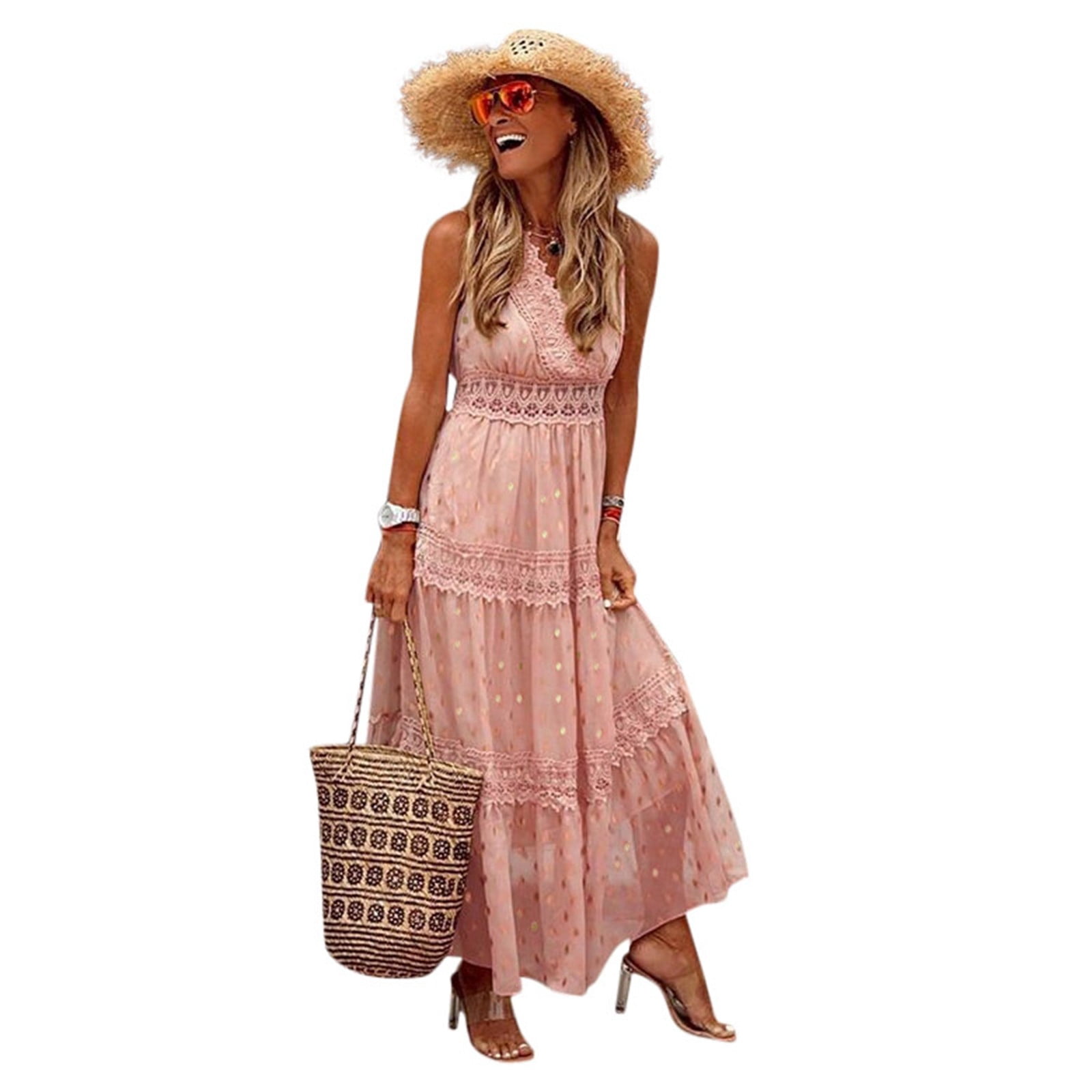 Ierhent Dresses for Women 2031 Casual Women's Plus Size Casual Dresses Short Sleeve Dress with Pockets(Pink,XL)