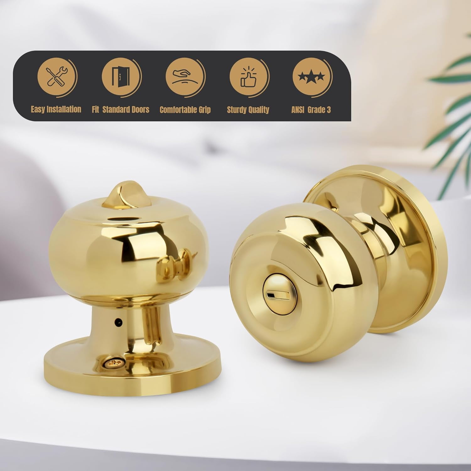 Keyless Privacy Door Knob, Flat Ball Interior Door Knob, Round Locking Doorknob for Bedroom/Bathroom Doors, Polished Brass