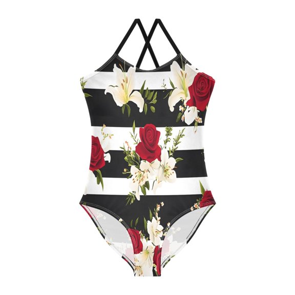 BZSMCE One-Piece Swimsuit with Crisscross StrapsRose Black White Stripe Pattern