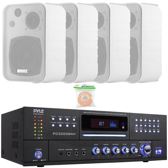 Pyle PD3000BAH 4-Channel 4000W Bluetooth Home Audio Amplifier Receiver – HDMI, USB, FM Radio, CD/DVD Player 2 Microphone, 4x 4" 30W Max Power 3-Way Indoor/Outdoor Box White Speakers W/50 Feet 18G Wire