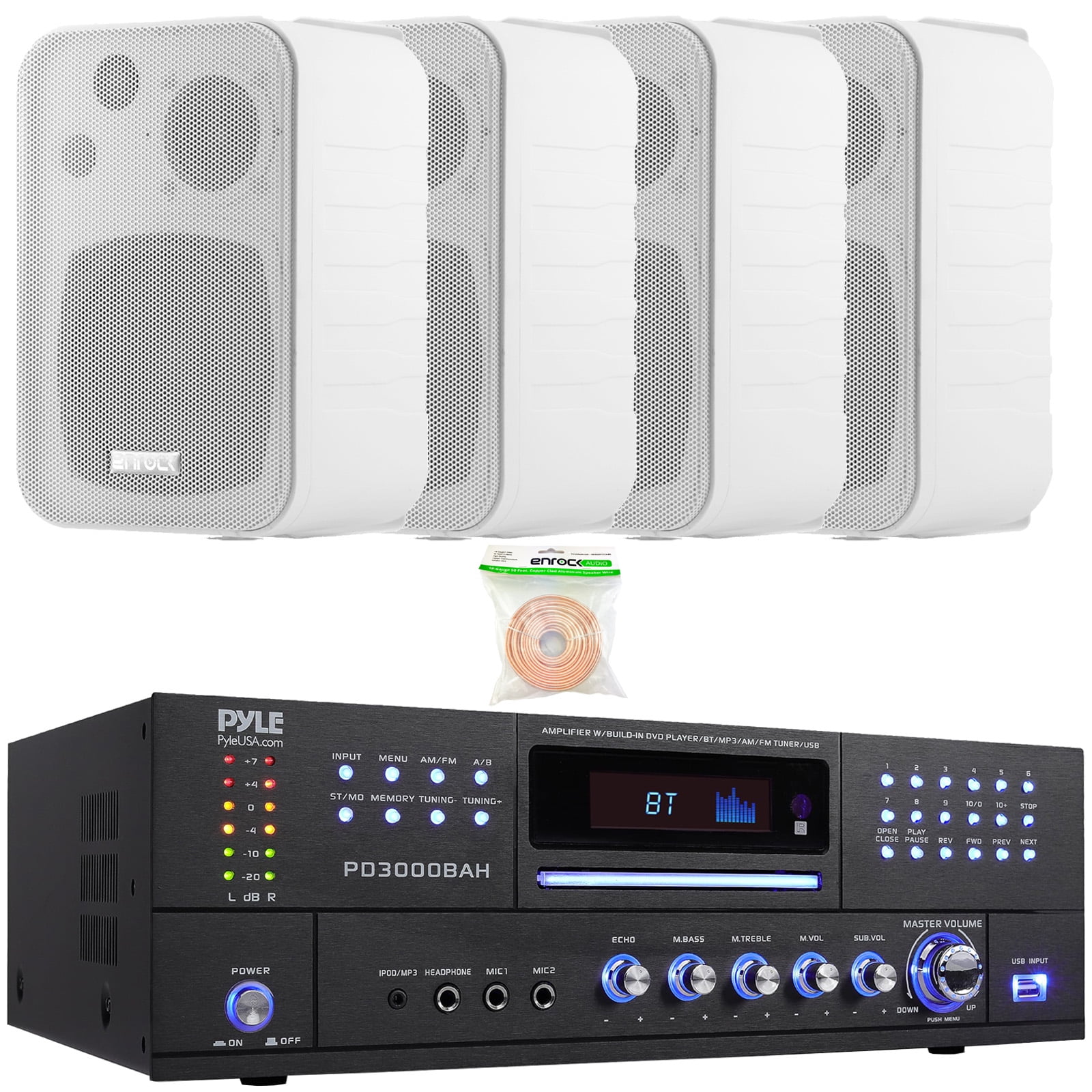 Pyle PD3000BAH 4-Channel 4000W Bluetooth Home Audio Amplifier Receiver – HDMI, USB, FM Radio, CD/DVD Player 2 Microphone, 4x 4" 30W Max Power 3-Way Indoor/Outdoor Box White Speakers W/50 Feet 18G Wire
