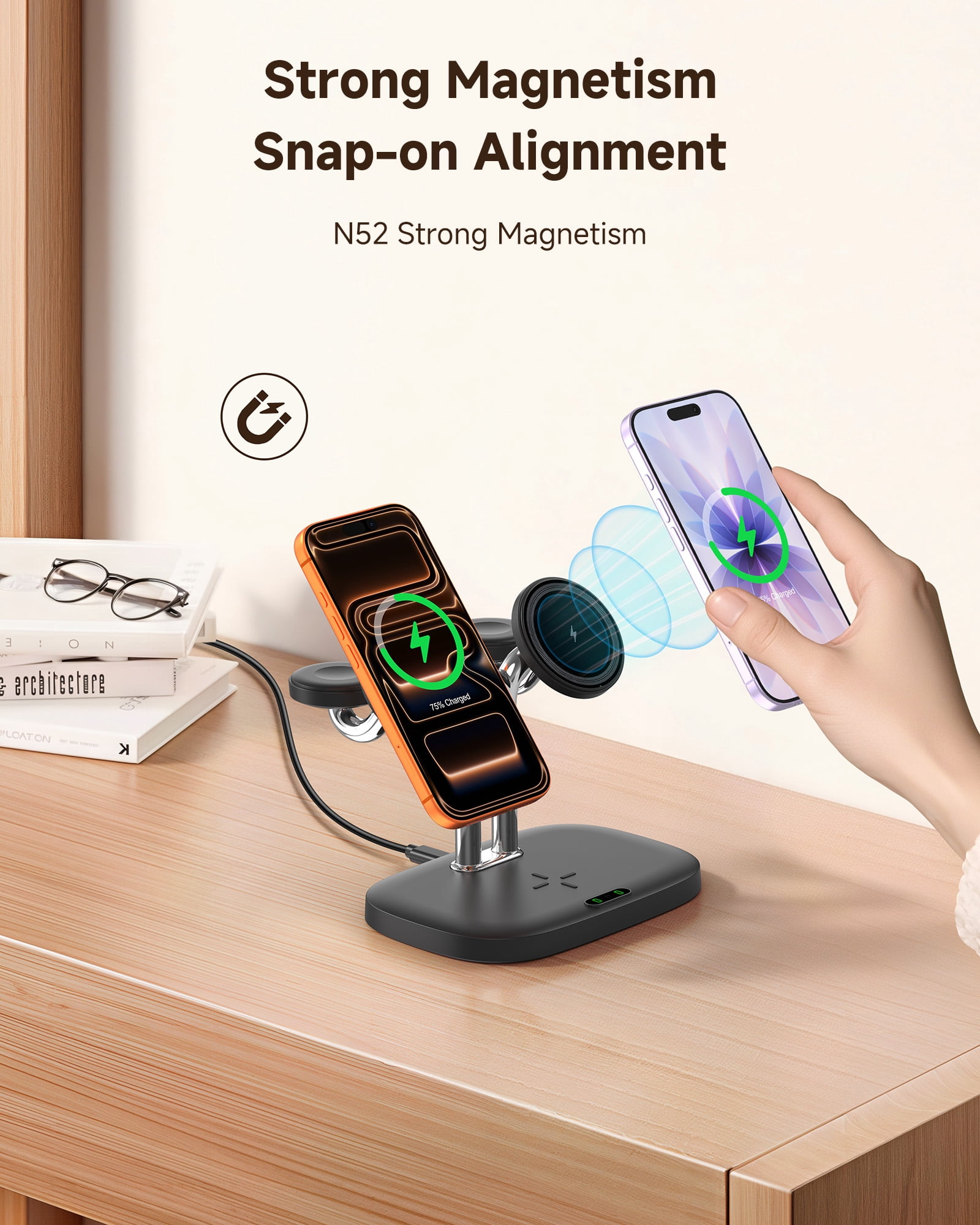 SwanScout Magnetic 5-in-1 Wireless Charging Stand for iPhone 17-12, Dual Phone & Dual Apple Watch Charger, 5W for Apple Watch Fast Charging Station, for Apple Watch Ultra/11-7 Series, SwanScout 902M
