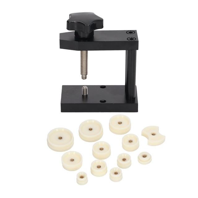 Juego de prensa para reloj, aleación de aluminio, cuerpo negro, 12 moldes ABS blancos, fácil manejo, prensa para tapa trasera de reloj