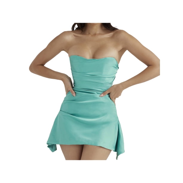 VISgogo Vestido Corto Femenino, Color Sólido Sin Mangas Sin Tirantes Corte Bajo Bodycon Traje De Verano De Una Pieza, S/M/L VISgogo moda