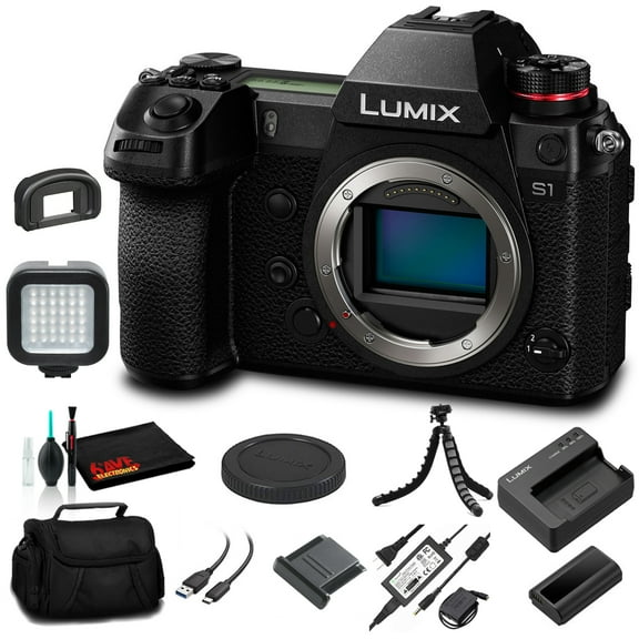 Panasonic Lumix DC-S1 Mirrorless Digital Camera (Body Only) (DC-S1BODY) - Bundle - with LED Video Light   Soft Bag   12 Inch Flexible Tripod   Cleaning Set