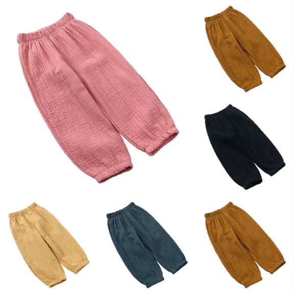 QHFBli Boy Girl Linen Pants,Boys Cotton Harem Pant Girls Gauze Muslin Loose Bloomers Plain Solid Trousers Big Kids Elastic Waist Long Pants Bloomers Pink 4-5 Years