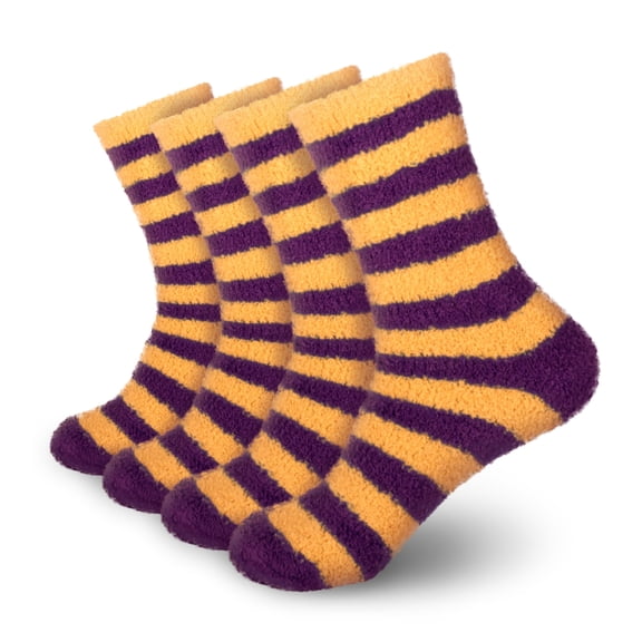 BambooMN Women's Fuzzy Team Spirit Striped Socks - Purple & Gold - Extra Large - 4 Pairs