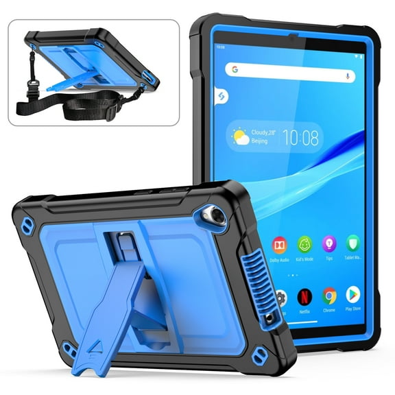 Allytech Shockproof Case for Lenovo Tab M8 / Smart Tab M8 / Tab M8 FHD TB-8505F / TB-8505X 2019 8.0 Inch, Kickstand Shoulder Strap Rugged Drop Protection Bumper Defender Kids Friendly, Black Blue