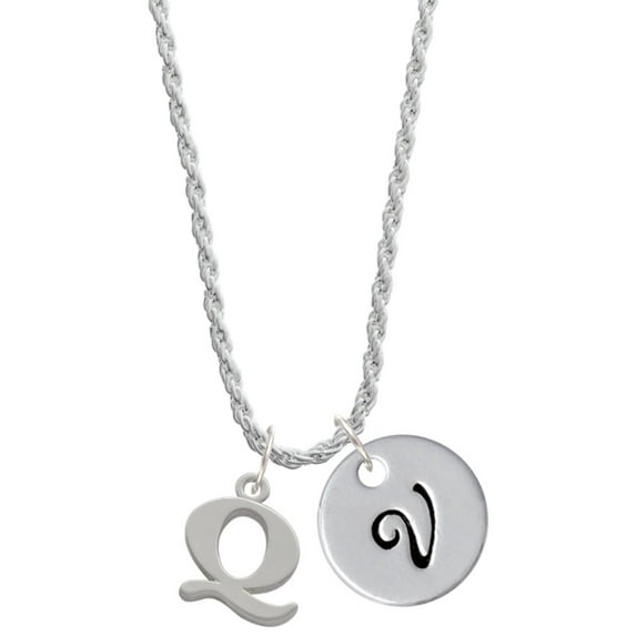 Delight Jewelry Silvertone Large Initial - Q - Silvertone Script Initial Disc - V - Charm Necklace, 20"+3"