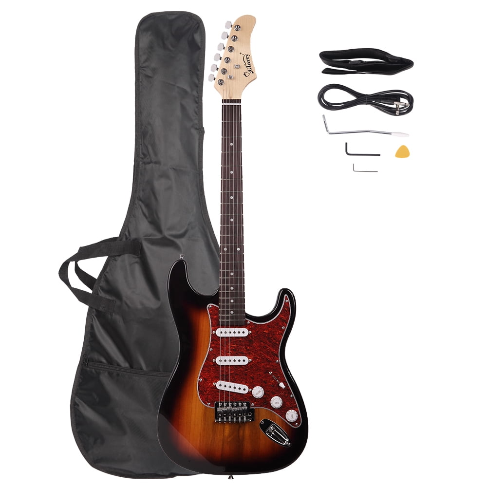 Private Jungle Glarry GST3 Pearl White Pick Guard Electric Guitar Bag Shoulder Strap Pick Whammy Bar Cord Wrench Tool,Sunset Color