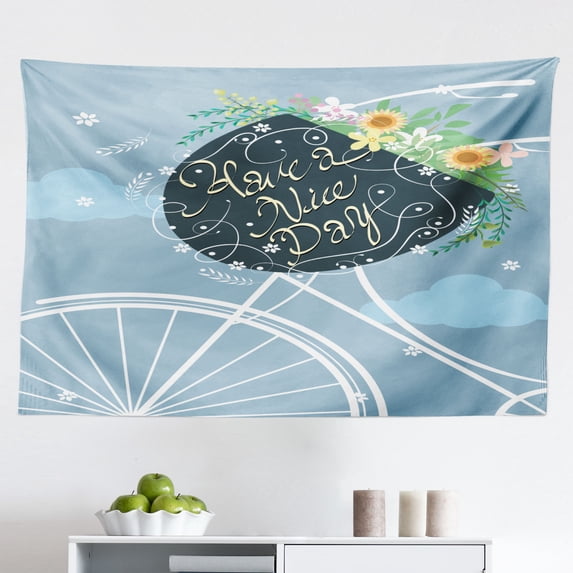Saying Tapestry, Simple Monochrome Cursive Wake up and Smile Calligraphy Positive Words, Fabric Wall Hanging Decor for Bedroom Living Room Dorm, 2 Sizes, Charcoal Grey and White, by Ambesonne