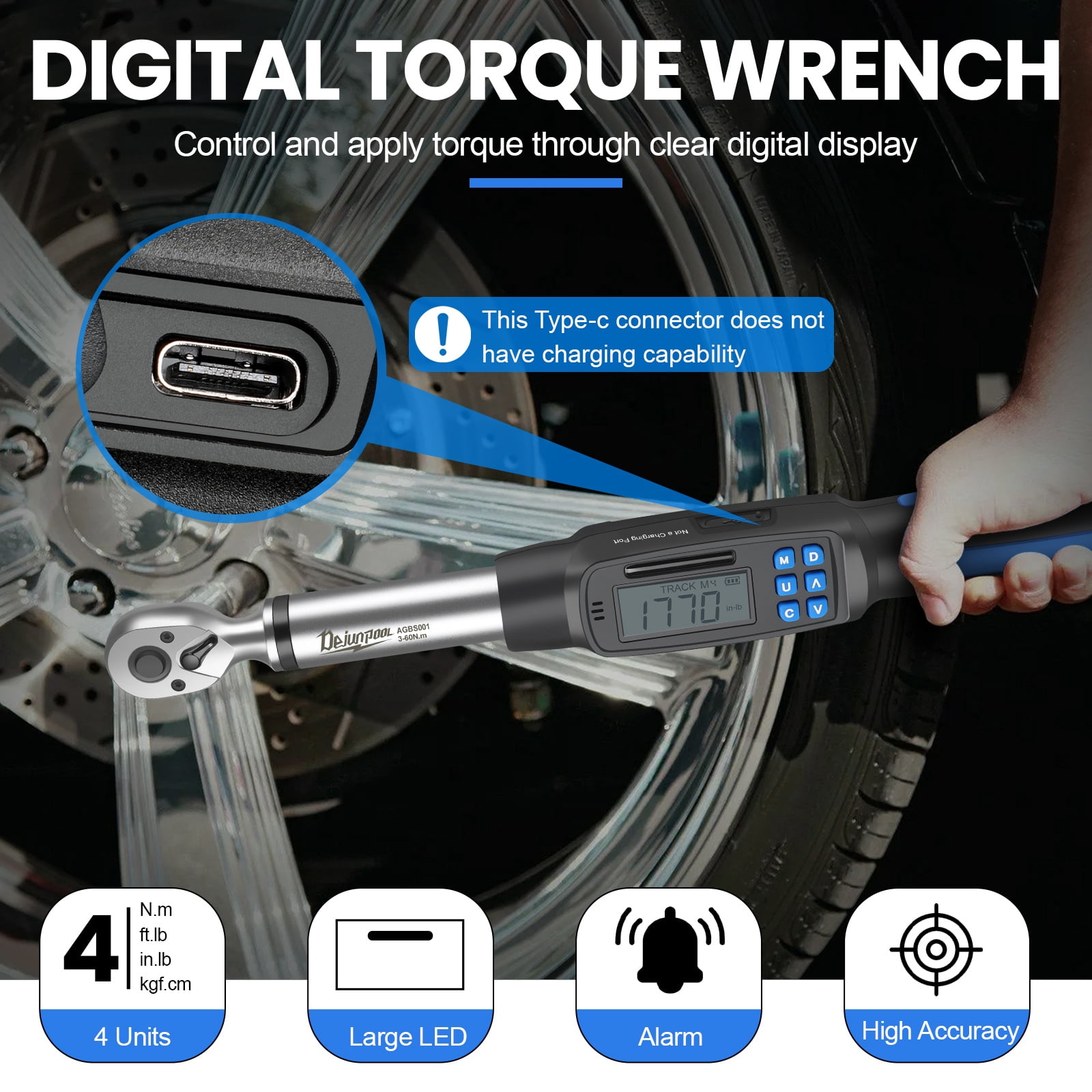 Digital Display Torque Wrench 3/8 inch 3-60NM with 1/4 inch,9/32 inch,5/16 inch,7/20 inch,3/8 inch,7/16 inch,15/32 inch Adapter