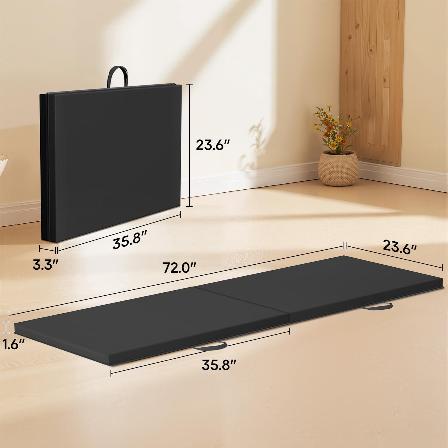 CL.HPAHKL Folding Exercise Gymnastics Mat, Portable Tumbling Mat with Carrying Handle for Home Gym Yoga Pilates Training, Black