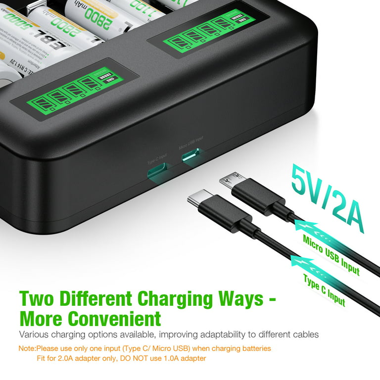 EBL Rechargeable D Batteries 10000mAh (2 Pack) + EBL 8 Bay LCD Battery  Charger for Ni-MH C D AA AAA Batteries 