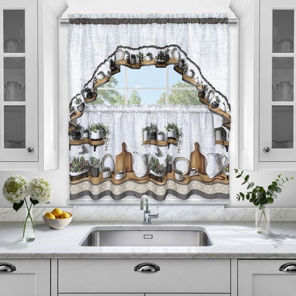 Achim Jade Printed Tier and Swag Window Curtain Set - 57" x 24", Charcoal