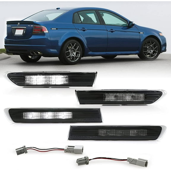 USR DEPO 3G TL Side Marker Lights - Smoke Lens LED Sidemarker Lamps Set with Wiring Adapaters (Left Right, 4 Piece) Compatible with 2007-2008 Acura TL Type-S Models Only (Front   Rear White LED)